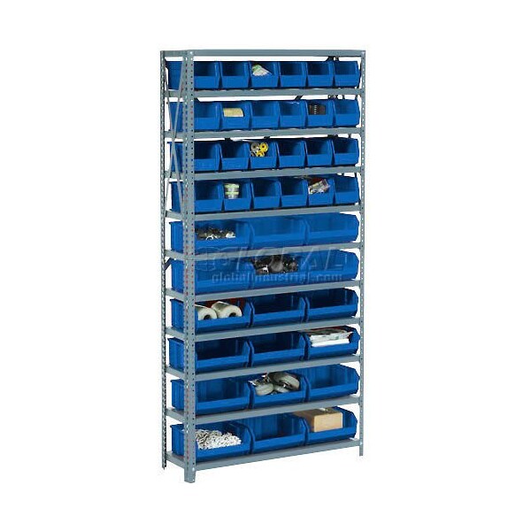 Global Industrial Steel Open Shelving, 28 Blue 8-1/4x14-3/4x7 Stacking Bins 8 Shelf 36x12x73 506205BL - main